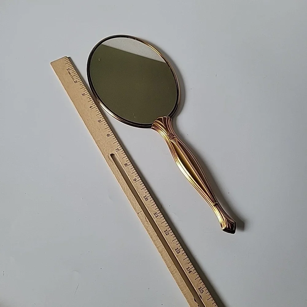 Vintage Handheld‎ Vanity Mirror Brush Set Brass Handle Ornate Floral Art Deco
